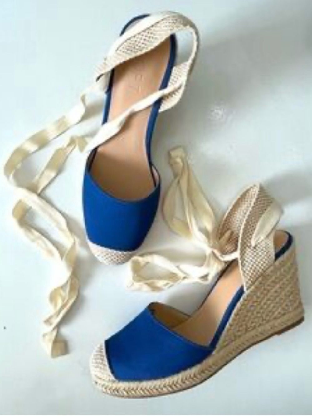 LOFT Cobalt Blue Espadrille Wedge Sandals with Cream Tie 8
